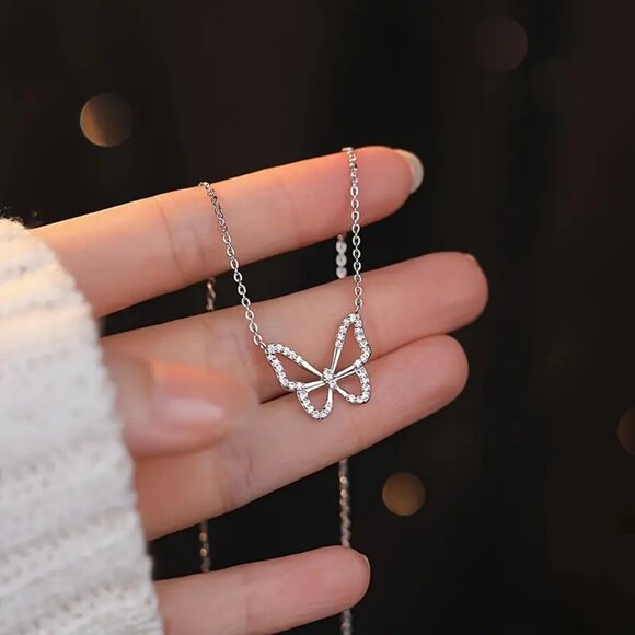 NEW Elegant Gemstone Silver Color Butterfly Pendant Necklace Hollow Design Set - Picture 2 of 5